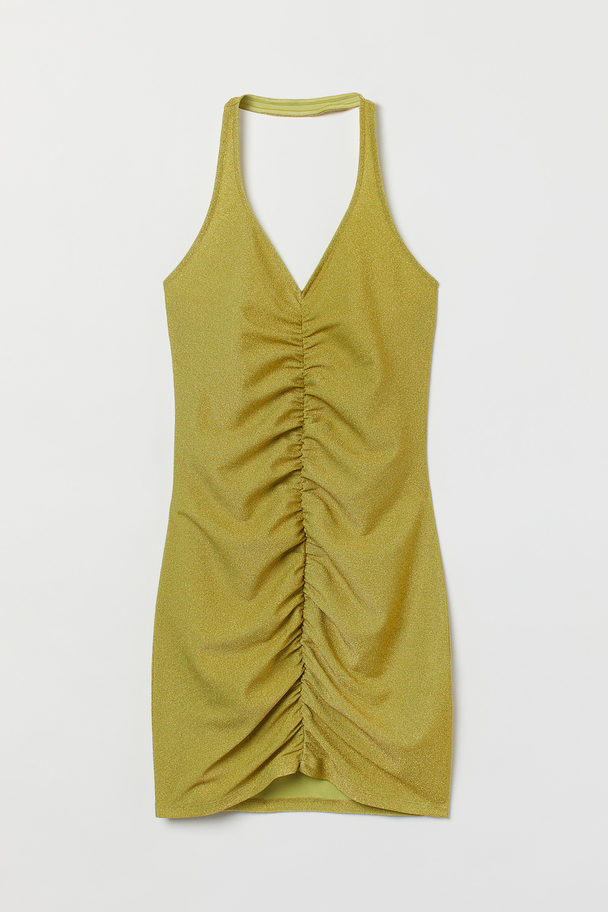 H&M Halterneck Dress Olive/glittery Gold-coloured