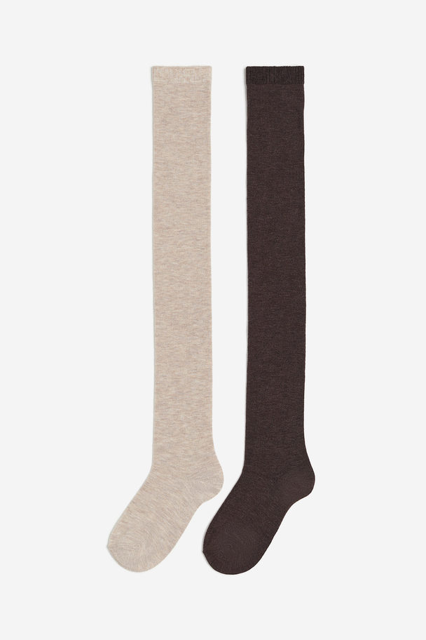 H&M 2-pack Over-the-knee Socks Beige Marl/dark Brown Marl