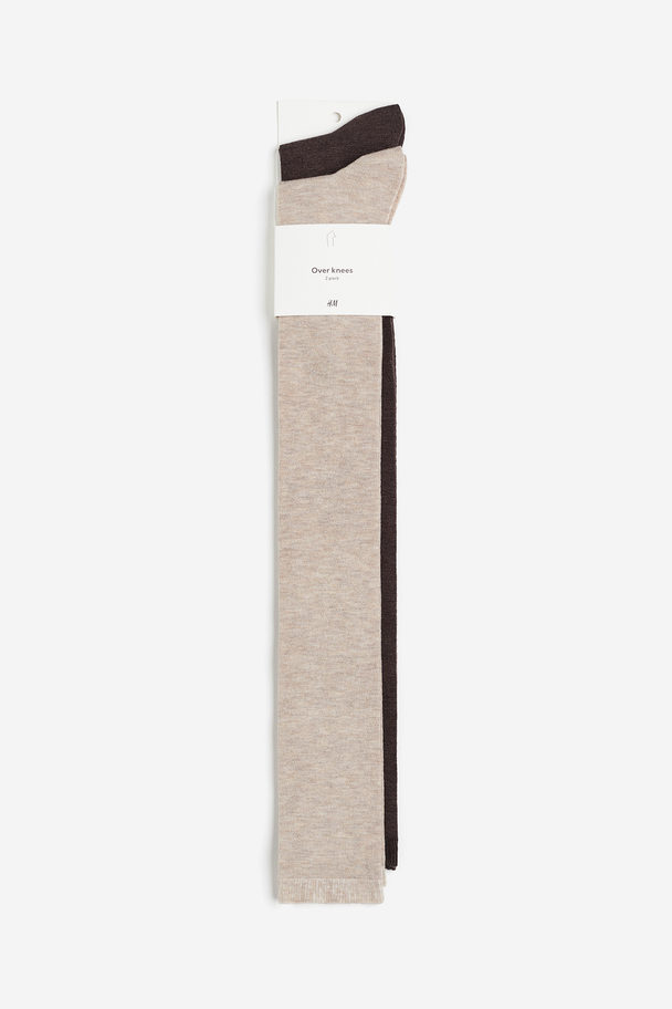 H&M 2-pak Overknee-strømper Beigemeleret/mørkebrunmeleret