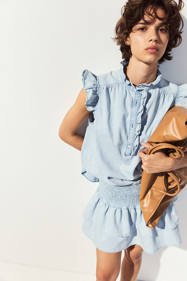 H&M Flutter-sleeved Denim Blouse Light Denim Blue