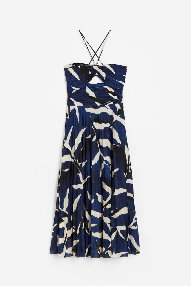 H&M Plissert Halterneck-kjole Blå/mønstret