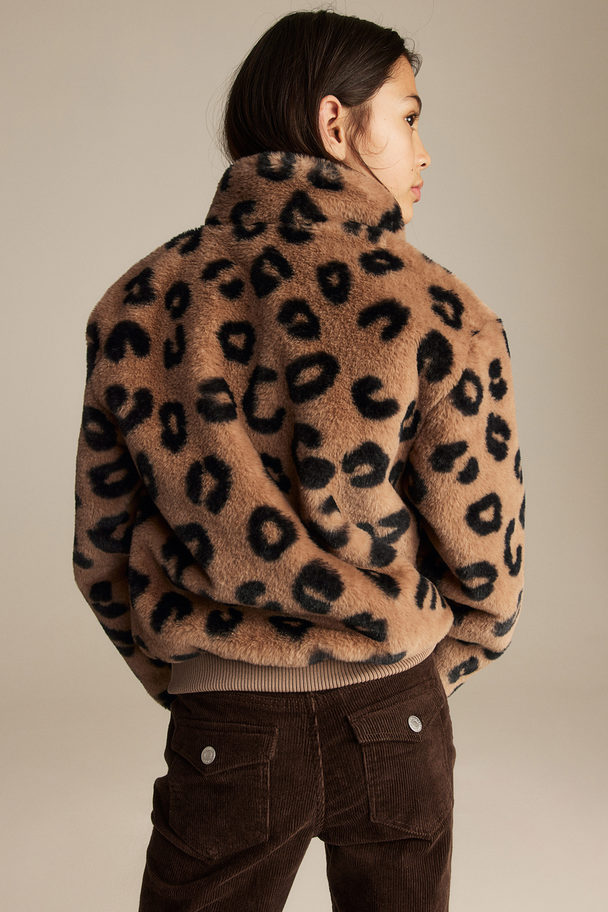 H&M Fluffy Jacket Dark Beige/leopard-print