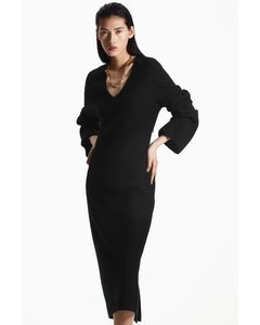 V-neck Wool Midi Dress Black