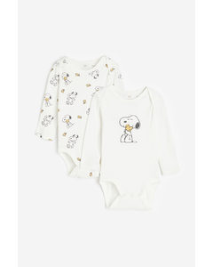 2-pack Long-sleeved Bodysuits White/snoopy