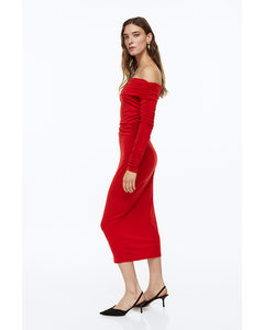 Off-the-shoulder Gathered Dress Red