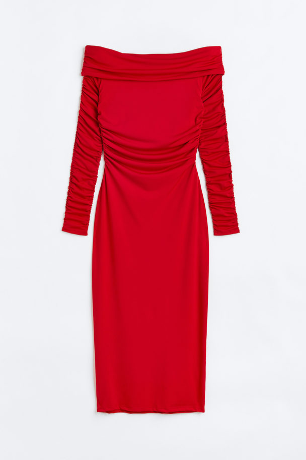 H&M Off-Shoulder-Kleid mit Raffungen Rot