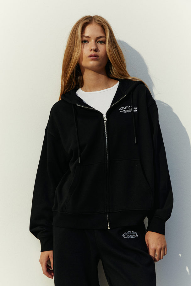 H&M Embroidered Zip-through Hoodie Black/athletic Club