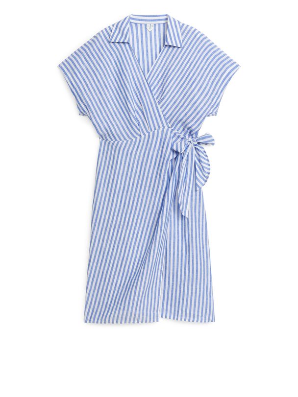 ARKET Midi Linen Wrap Dress Blue/white