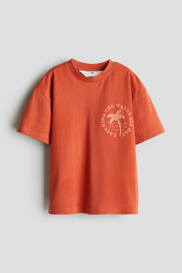 H&M T-shirt I Bomull Med Motiv Orange/palme