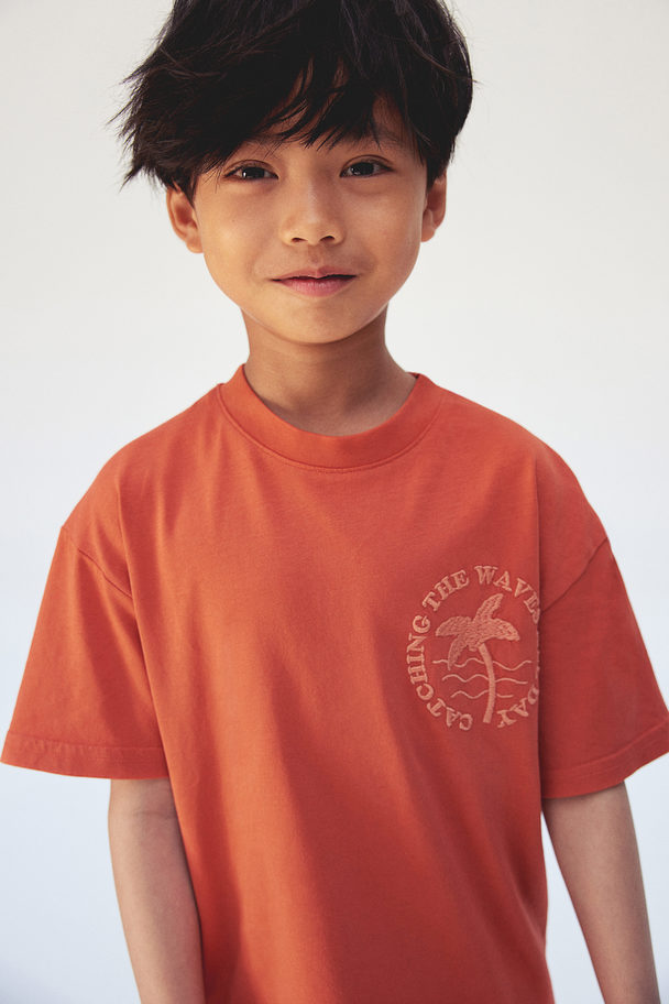 H&M T-shirt I Bomull Med Motiv Orange/palme