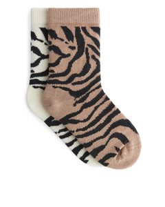 Jacquard Socks, 2 Pairs Black/white/beige
