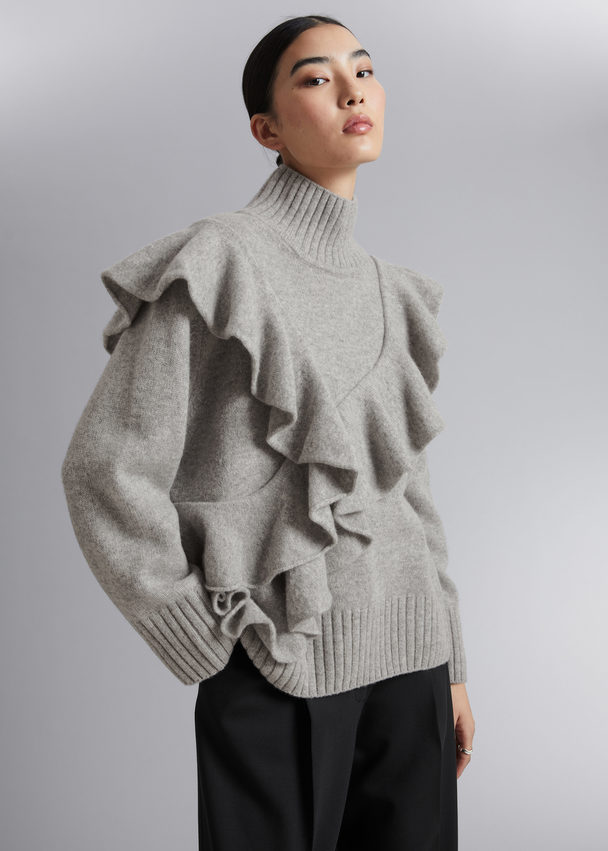 & Other Stories Ruffled Wool Knit Jumper Grey