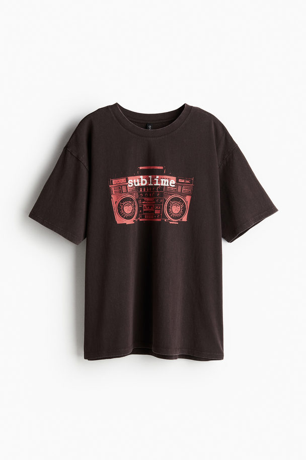 H&M Oversized T-shirt Med Tryk Mørkebrun/sublime