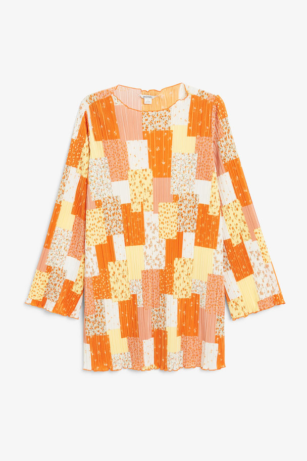 Monki Pleated Dress With Flared Sleeves Orange Patchwork