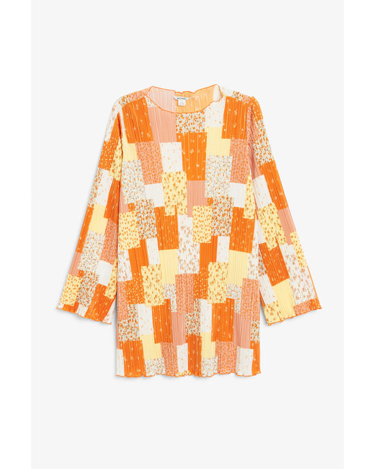 Monki Pleated Dress With Flared Sleeves Orange Patchwork