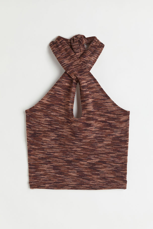 H&M Fine-knit Halterneck Top Dark Brown Marl