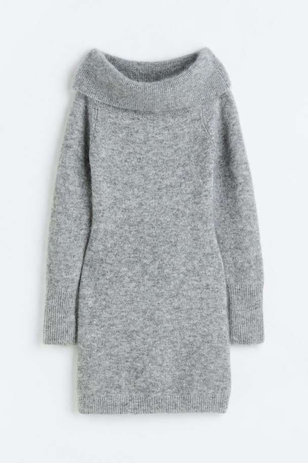 H&M Knitted Off-the-shoulder Dress Light Grey Marl