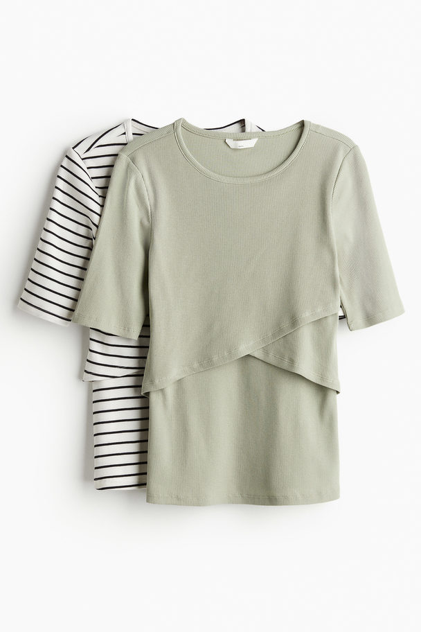 H&M Mama 2-pack Before & After Nursing Tops Khaki Green/striped