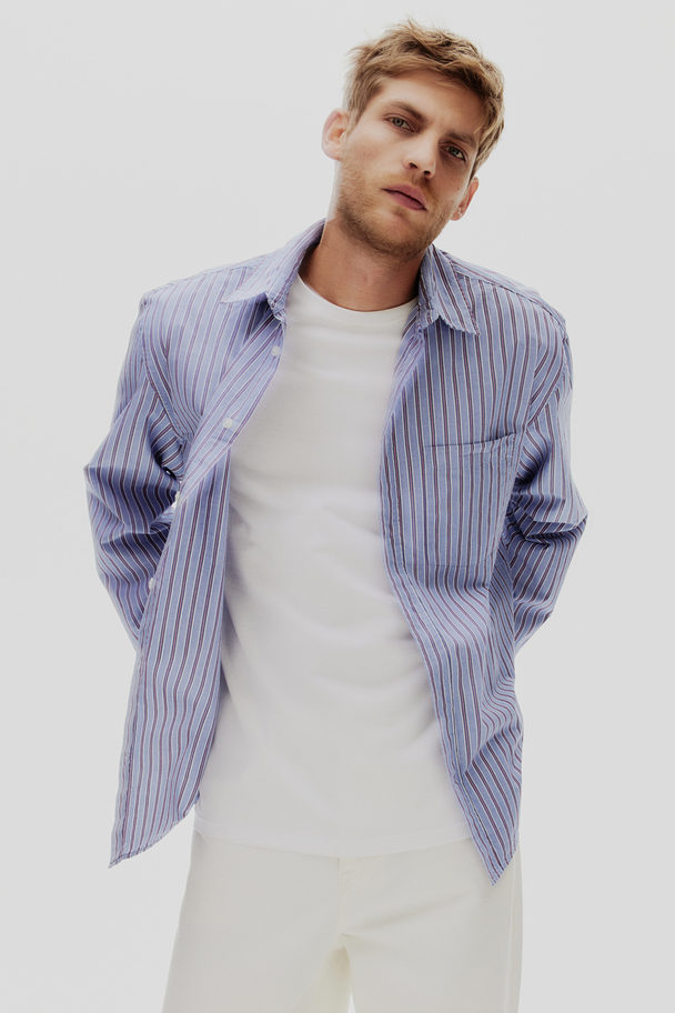 H&M Loose Fit Poplin Shirt Light Blue/striped