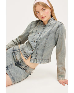 Cropped Stretchy Denim Jacket Blue With Beige Tint