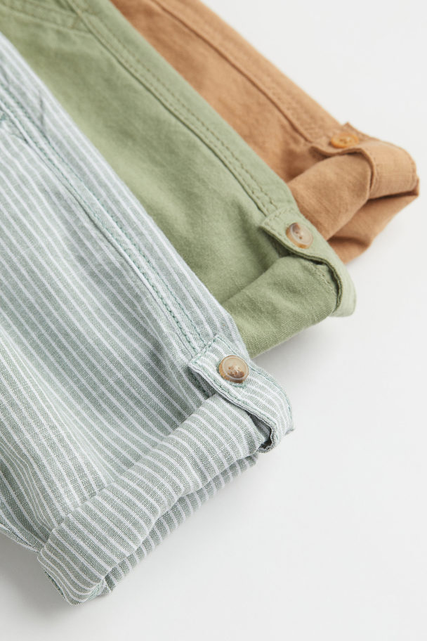 H&M 3-pack Roll-up Trousers Khaki Green/striped