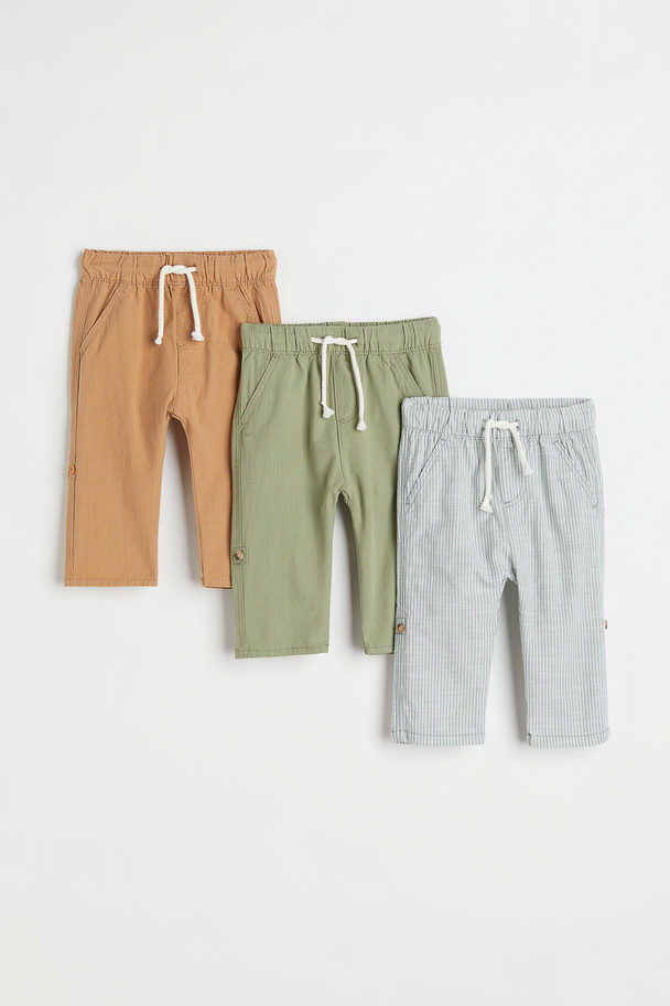 H&M 3-pack Roll-up Trousers Khaki Green/striped
