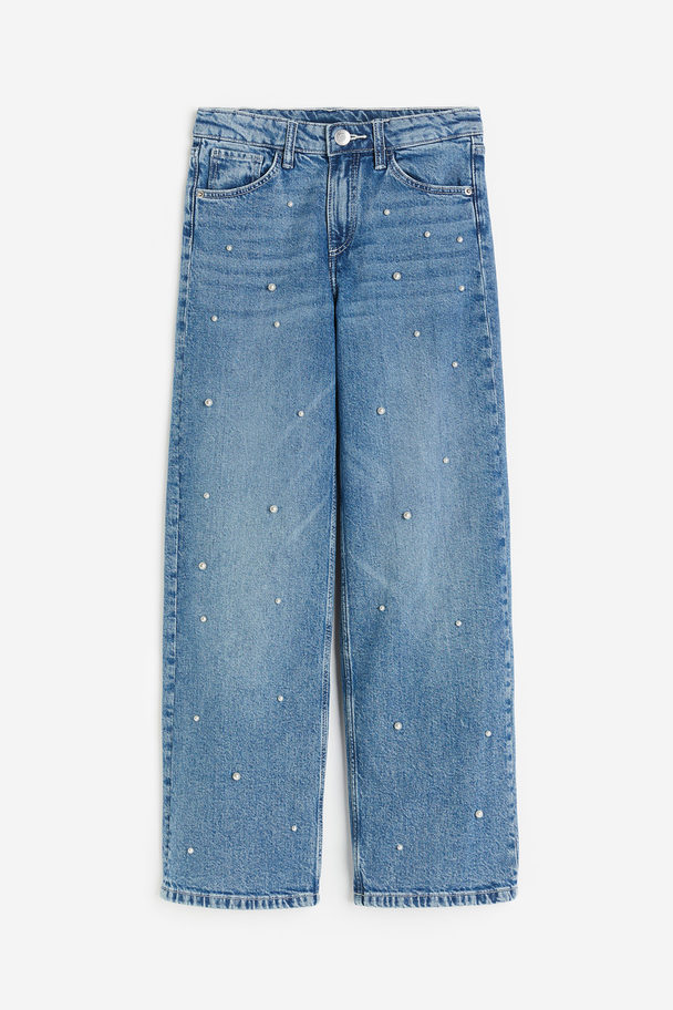 H&M Wide Leg Low Jeans Denimblau/Perlen