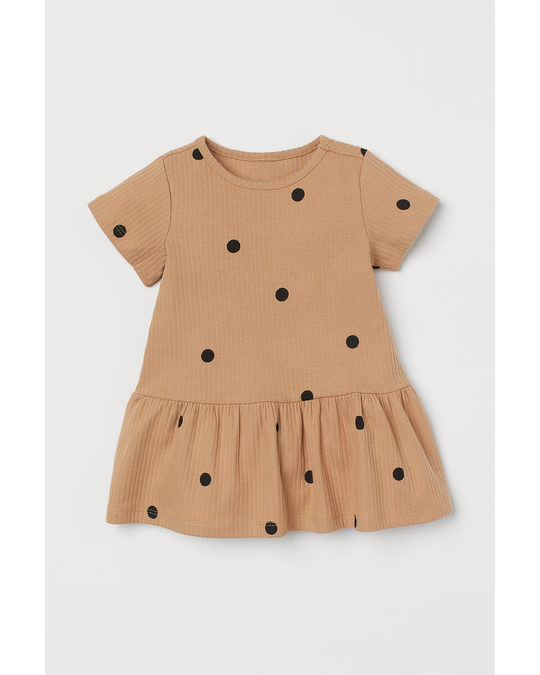 H&M Ribbed Dress Beige/spotted