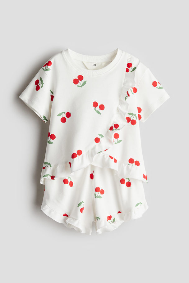 H&M 2-piece Frill-trimmed Sweatshirt Set White/cherries