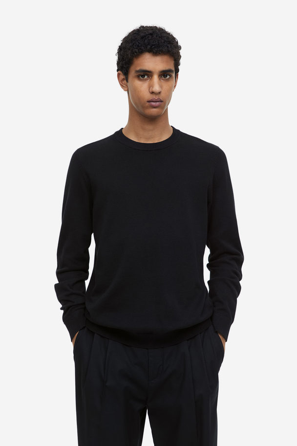 H&M Slim Fit Fine-knit Cotton Jumper Black