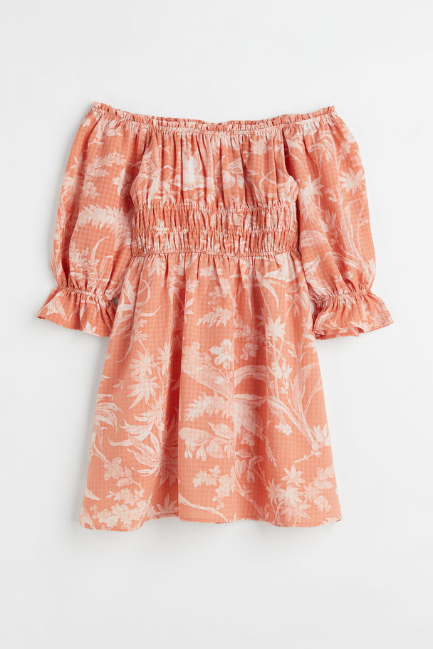 H&M Off-Shoulder-Kleid Apricot/Gemustert