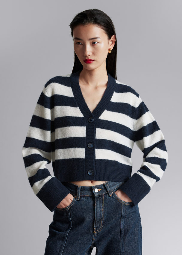 & Other Stories Cropped Knit Cardigan Navy/white Stripes