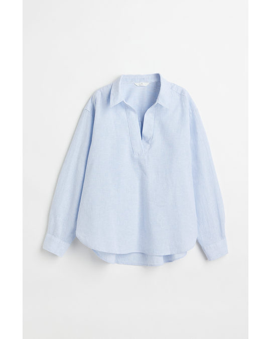H&M Linen-blend Shirt Light Blue/striped