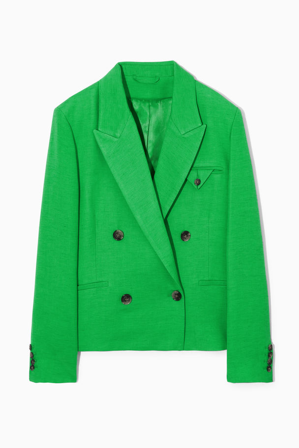 COS Double-breasted Cropped Linen-blend Blazer Bright Green