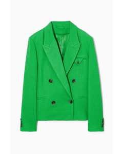 Double-breasted Cropped Linen-blend Blazer Bright Green