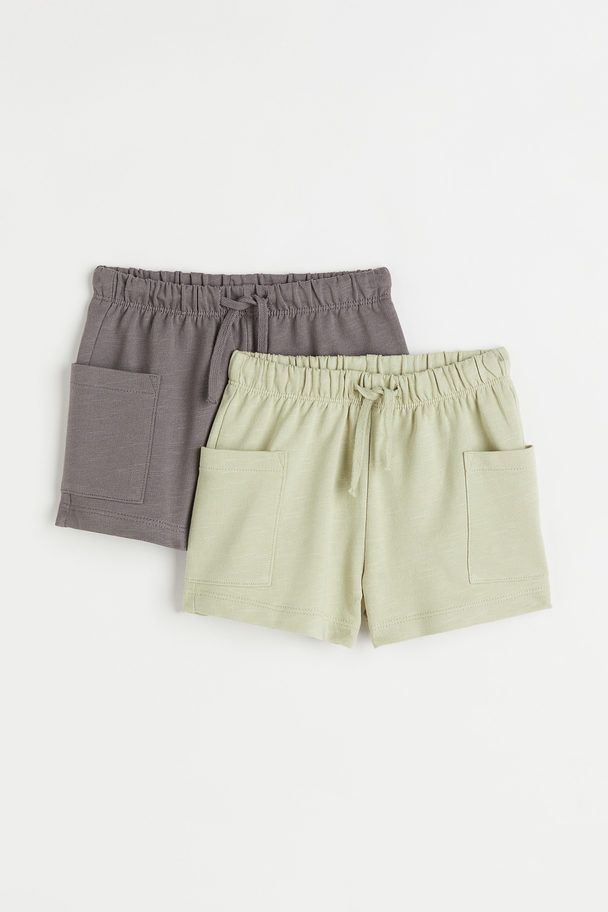 H&M 2-pack Slub-cotton Shorts Pistachio Green/grey
