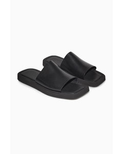 Square-toe Leather Slides Black