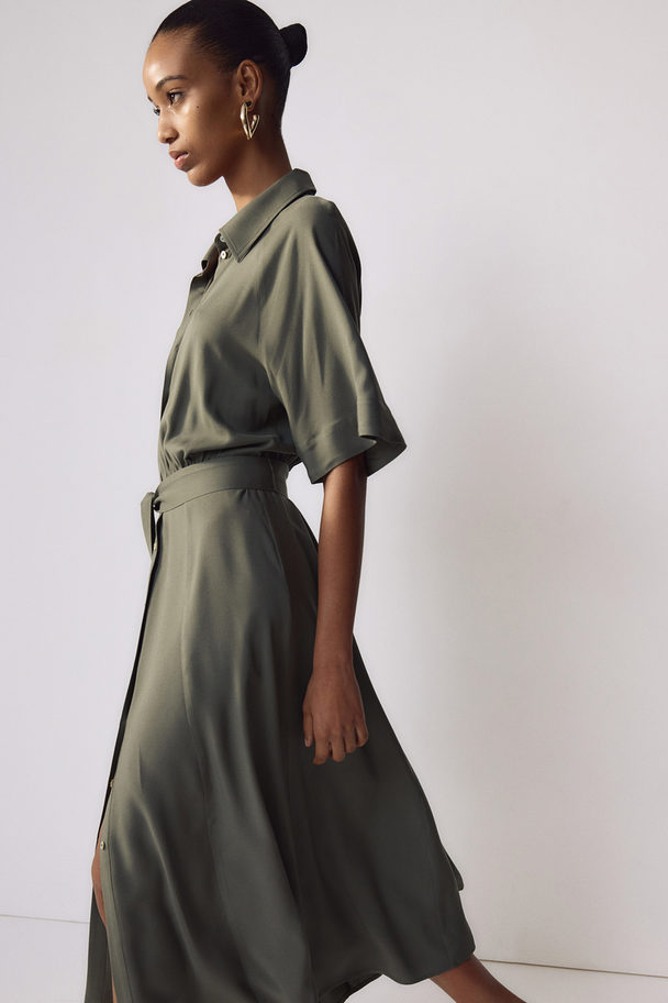 H&M Tie-belt Shirt Dress Dark Khaki Green