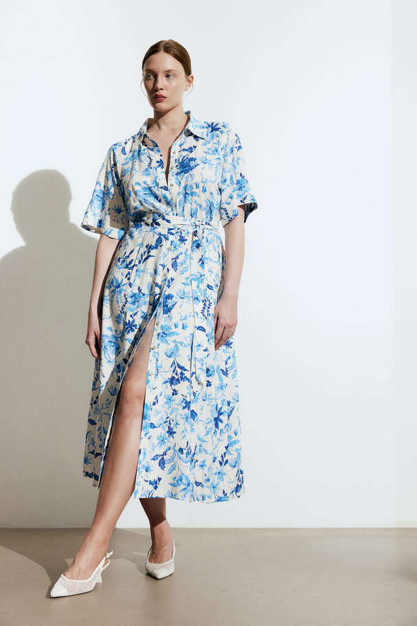 H&M Overhemdjurk Met Strikceintuur Wit/blauw Bloemen