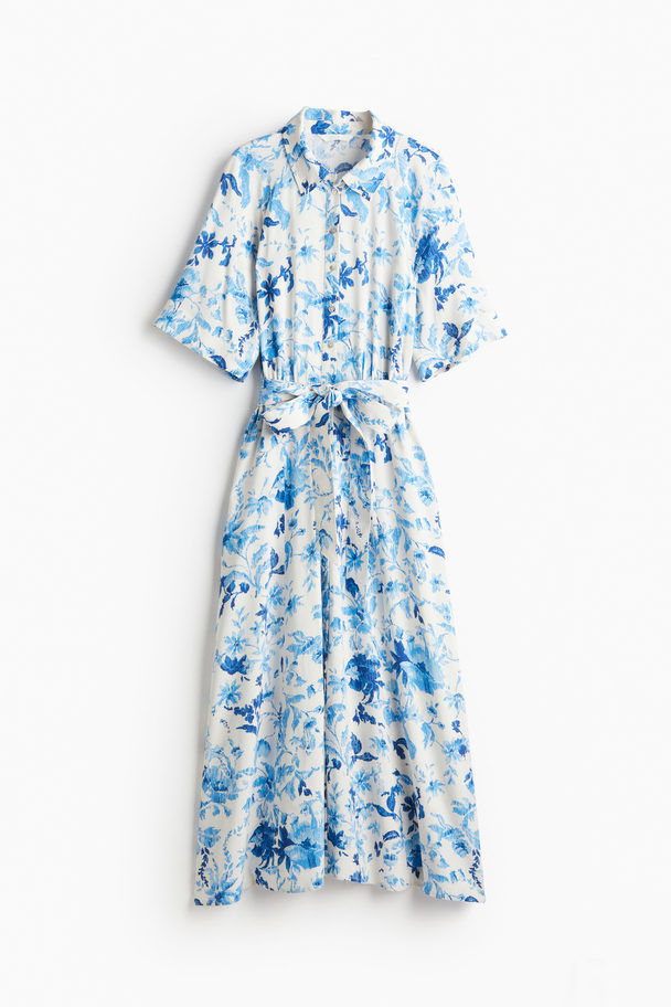 H&M Overhemdjurk Met Strikceintuur Wit/blauw Bloemen