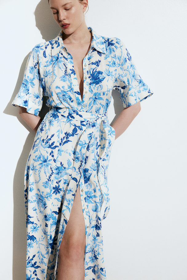 H&M Overhemdjurk Met Strikceintuur Wit/blauw Bloemen