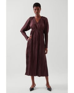 Long-sleeve Pleated Maxi Dress Burgundy