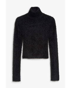 Furry Long-sleeve Cut-out Top Black