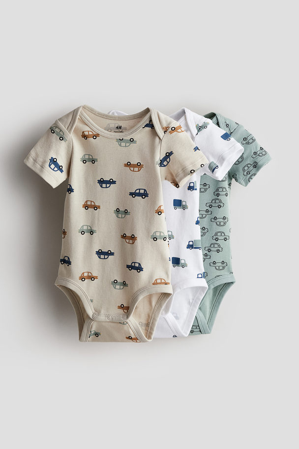 H&M 3-pack Cotton Bodysuits Beige/vehicles