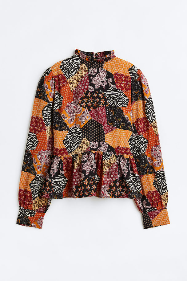 H&M Frill-collared Blouse Orange/patterned