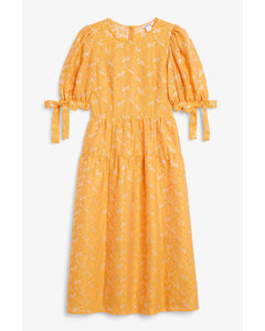 Orange Midi-kjole I Blomstret Jacquard Orange