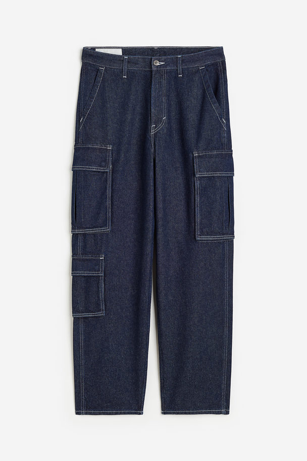 H&M Loose Cargo Jeans Donker Denimblauw