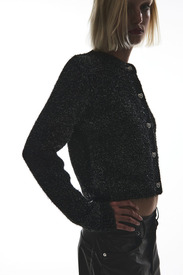 H&M Rhinestone-button Fluffy-knit Cardigan Black/glittery