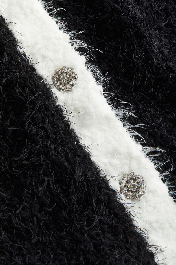 H&M Rhinestone-button Fluffy-knit Cardigan Black