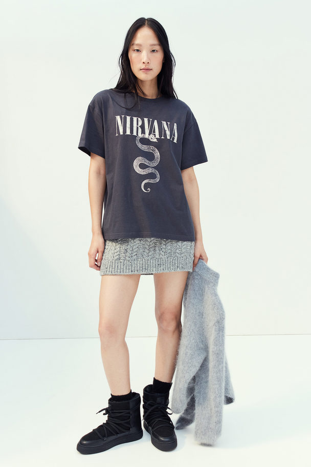 H&M Oversized Printed T-shirt Dark Grey/nirvana